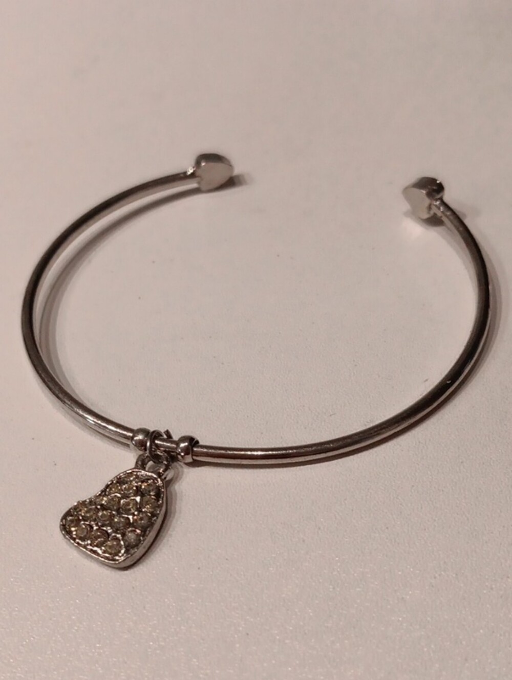 Silver-Tone Heart Charm Bangle Bracelet - Sparkling Pavé Accent